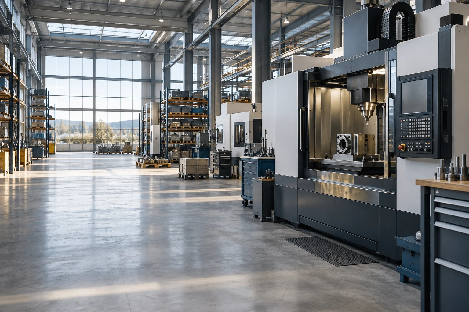 Blick in eine Industriehalle mit Maschinen und Lagerflächen